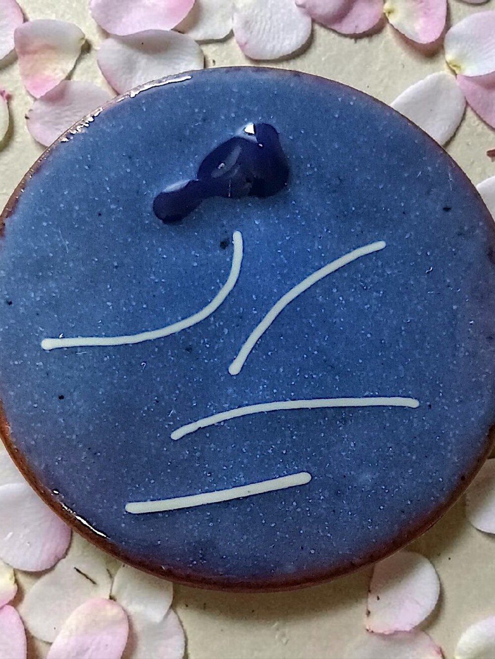 Vintage Enamel Over Copper Brooch Pin Round Disc Blue Avant Garde Abstract MCM